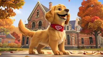 A joyful golden retriever puppy cartoon standing in front of an old brick school building, wearing a small red bandana around its neck and wagging its tail excitedly. 