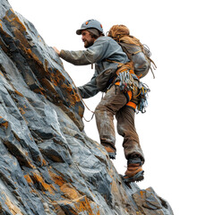 Climber scaling a rocky cliff.