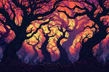 Wall Mural - Illustration dark forest with thorny bushes backgrounds outdoors nature.