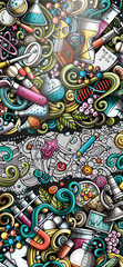 Wall Mural - science hand drawn doodle banner. cartoon detailed flyer. scientific identity with objects and symbo