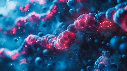 Wall Mural - 3D background featuring DNA gene structures, genetic cells, and abstract molecules in blue, emphasizing biotechnology, medical research, and futuristic health concepts.