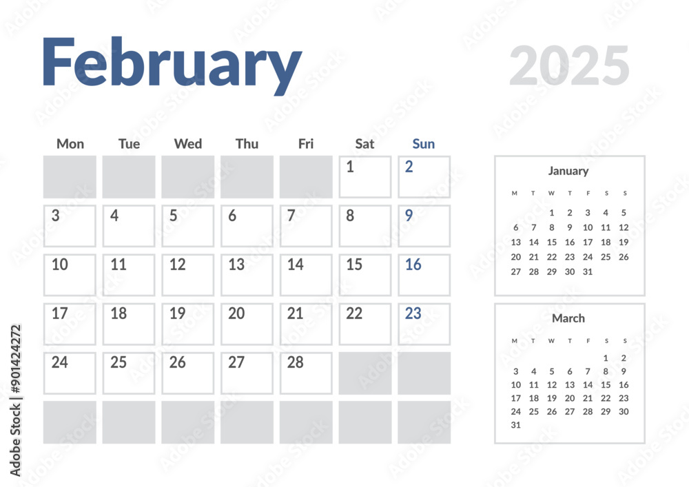 Monthly page Calendar Planner Template of February 2025. Vector layout ...