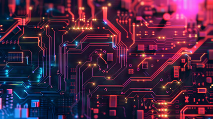 Minimalist computer cyber circuit board. Colorful futuristic technology abstract wallpaper background. Generative Ai.