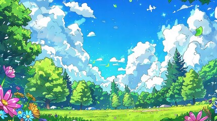 Poster -   A lush green field is depicted in the painting, complete with trees and vibrant flowers in the foreground The blue sky is adorned with fluffy white clouds in the background