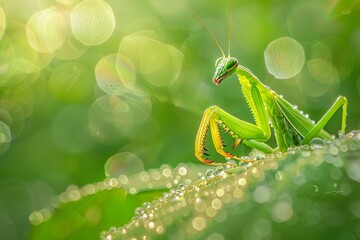 Wall Mural - macro photography of a green mantis on a leaf