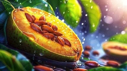 Poster -   A close-up of a fruit on a water surface with surrounding leaves and droplets