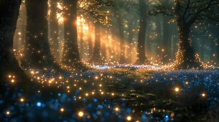 picture a dense forest teeming with bioluminescent life. the trees, with their twisted trunks and sp