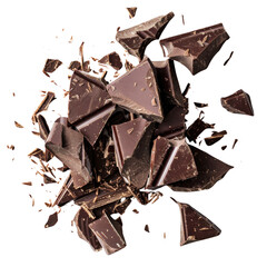 Top view of broken dark chocolate chunks scattered on a white background, perfect for dessert or confectionery concepts.