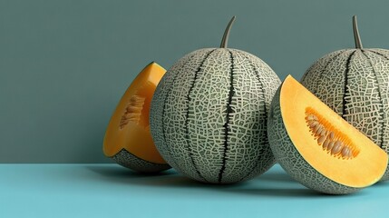 Poster -   A couple of melons cut in half with one cut in half and one cut in half on a blue surface can be optimized to Two melons sliced into halves, one with