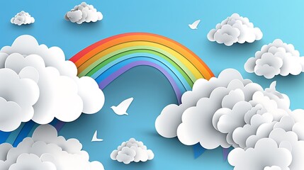 Wall Mural - A paper cut design featuring fluffy clouds that seem to burst from the page, with a bold, 3D-style rainbow arching between them, creating a lively and engaging background for active messages.