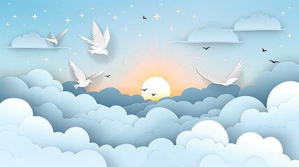 Wall Mural - A paper cut scene of early dawn, with pale blue clouds, a gentle sun peeking over the horizon, birds stretching their wings, and stars that are just fading as daylight grows.