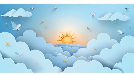 Wall Mural - A paper cut scene of early dawn, with pale blue clouds, a gentle sun peeking over the horizon, birds stretching their wings, and stars that are just fading as daylight grows.