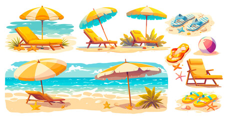 Summer beach landscape. beach sea ocean chaise lounge umbrella tropical vacation summer set sticker bright vector illustration