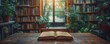 © aicandy - An open book placed on a rustic wooden table in a cozy, sunlit library filled with numerous bookshelves and lush green plants by the window