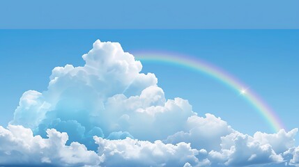 a peaceful sky backdrop with gentle fluffy clouds and a faint rainbow in the distance, set in a deep