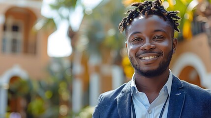 A cheerful young man in business attire smiles warmly while standing outdoors in a sunlit, tropical setting with blurred architectural elements in the background, Ideal for lifestyle, travel