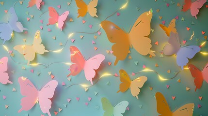 Wall Mural - a playful nursery wall filled with multicolored paper cut butterflies, each butterfly's path illumin