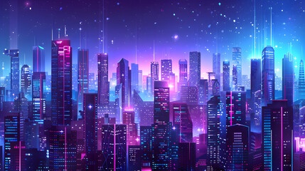 Wall Mural - Vector illustration urban architecture, cityscape with space and neon light effect. Modern hi-tech, science, futuristic technology concept. Generative Ai.