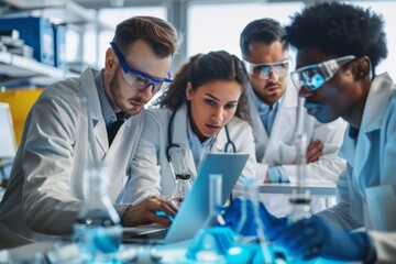 Diverse team of engineers, including both female and male professionals, analyzing data on a laptop for artificial intelligence software in a high-tech research environment.