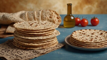 Wall Mural - Collage with Jewish flatbread matza on color background.