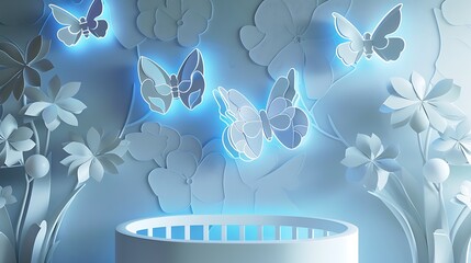 Wall Mural - a serene baby room featuring a wall with white and blue paper cut butterflies, each enhanced with a 