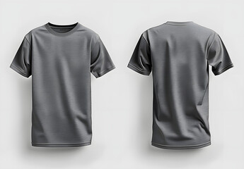 A grey T-shirt mockup, front and back view, on a white background, ideal for apparel design presentations.