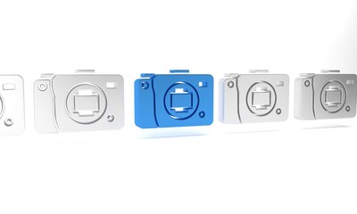 Poster - Blue Mirrorless camera icon isolated on white background. Foto camera icon. Minimalism concept. 3D render illustration