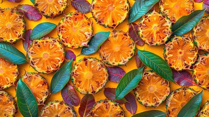 Poster -   Orange with green leaves on yellow surface