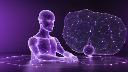 Wall Mural - Innovative glowing human Hologram connections set against a purple backdrop in a mock-up setting. internet hiring,