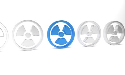 Poster - Blue Radioactive icon isolated on white background. Radioactive toxic symbol. Radiation Hazard sign. Minimalism concept. 3D render illustration