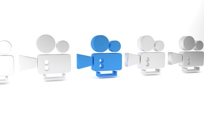 Sticker - Blue Cinema camera icon isolated on white background. Video camera. Movie sign. Film projector. Minimalism concept. 3D render illustration