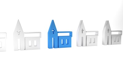 Sticker - Blue Church building icon isolated on white background. Christian Church. Religion of church. Minimalism concept. 3D render illustration