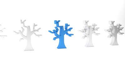 Sticker - Blue Withered tree icon isolated on white background. Bare tree. Dead tree silhouette. Minimalism concept. 3D render illustration