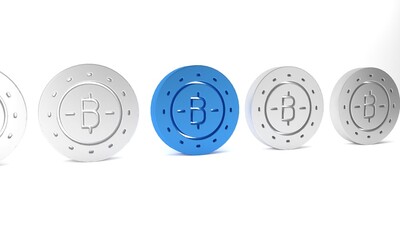 Canvas Print - Blue Cryptocurrency coin Bitcoin icon isolated on white background. Physical bit coin. Blockchain based secure crypto currency. Minimalism concept. 3D render illustration