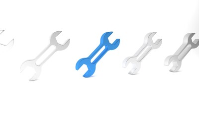 Sticker - Blue Wrench spanner icon isolated on white background. Minimalism concept. 3D render illustration