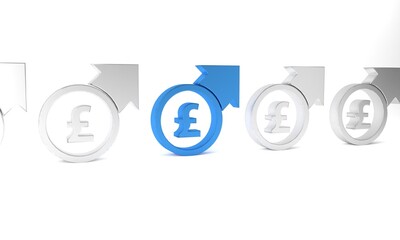 Canvas Print - Blue Financial growth and pound sterling coin icon isolated on white background. Increasing revenue. Minimalism concept. 3D render illustration