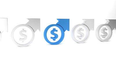 Poster - Blue Financial growth and dollar coin icon isolated on white background. Increasing revenue. Minimalism concept. 3D render illustration