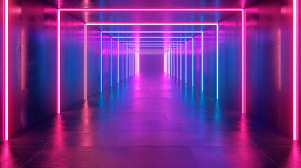 Wall Mural - A neon colored room with a blue and pink glow. The room is filled with lights and has a futuristic feel to it