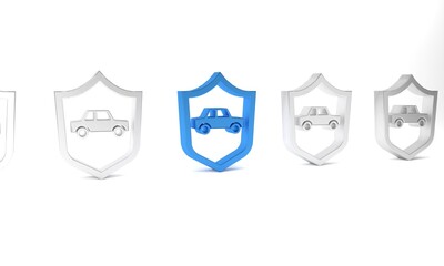 Wall Mural - Blue Car with shield icon isolated on white background. Insurance concept. Security, safety, protection, protect concept. Minimalism concept. 3D render illustration