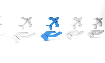 Sticker - Blue Plane in hand icon isolated on white background. Flying airplane. Airliner insurance. Security, safety, protection, protect concept. Minimalism concept. 3D render illustration