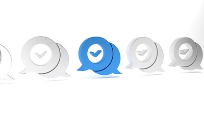 Poster - Blue Check mark in speech bubble icon isolated on white background. Security, safety, protection, privacy concept. Tick mark approved. Minimalism concept. 3D render illustration