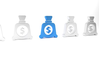 Wall Mural - Blue Money bag icon isolated on white background. Dollar or USD symbol. Cash Banking currency sign. Minimalism concept. 3D render illustration