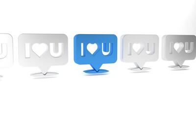 Poster - Blue Speech bubble with text I love you icon isolated on white background. Valentines day. Minimalism concept. 3D render illustration