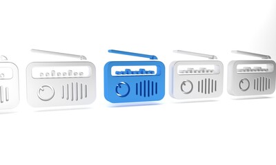 Canvas Print - Blue Radio with antenna icon isolated on white background. Minimalism concept. 3D render illustration