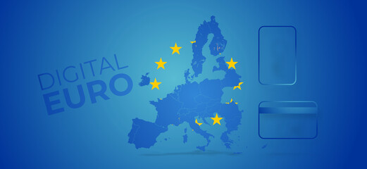 Digital Euro as DEUR as DEURO or D-Euro creative symbol background, online payment by mobile device and smart card