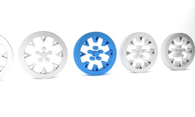 Sticker - Blue Alloy wheel for a car icon isolated on white background. Minimalism concept. 3D render illustration