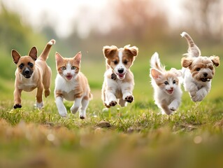 Cute funny dog ​​and cat group jumps and runs and happy