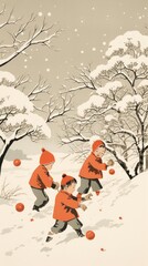 Sticker - Children snow ball fight outdoors drawing nature.