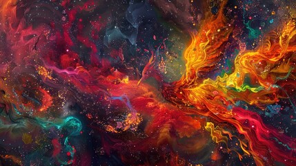 artistic depiction of a mythical phoenix rebirth among vibrant cosmic embers, with intricate details