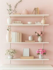 Leinwandbilder - Decorative shelf unit displays books, vases, and photo frames artistically arranged against a soft pastel wall in a cozy indoor setting. Generative AI